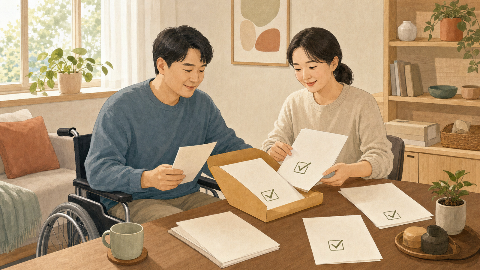 장애인연금 신청 전 서류와 소득인정액을 점검하는 모습