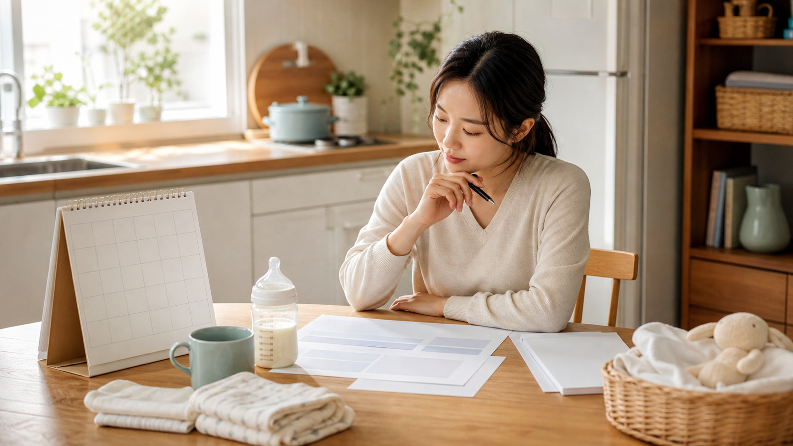 육아휴직급여와 생활비 예산을 점검하는 부모의 책상 장면