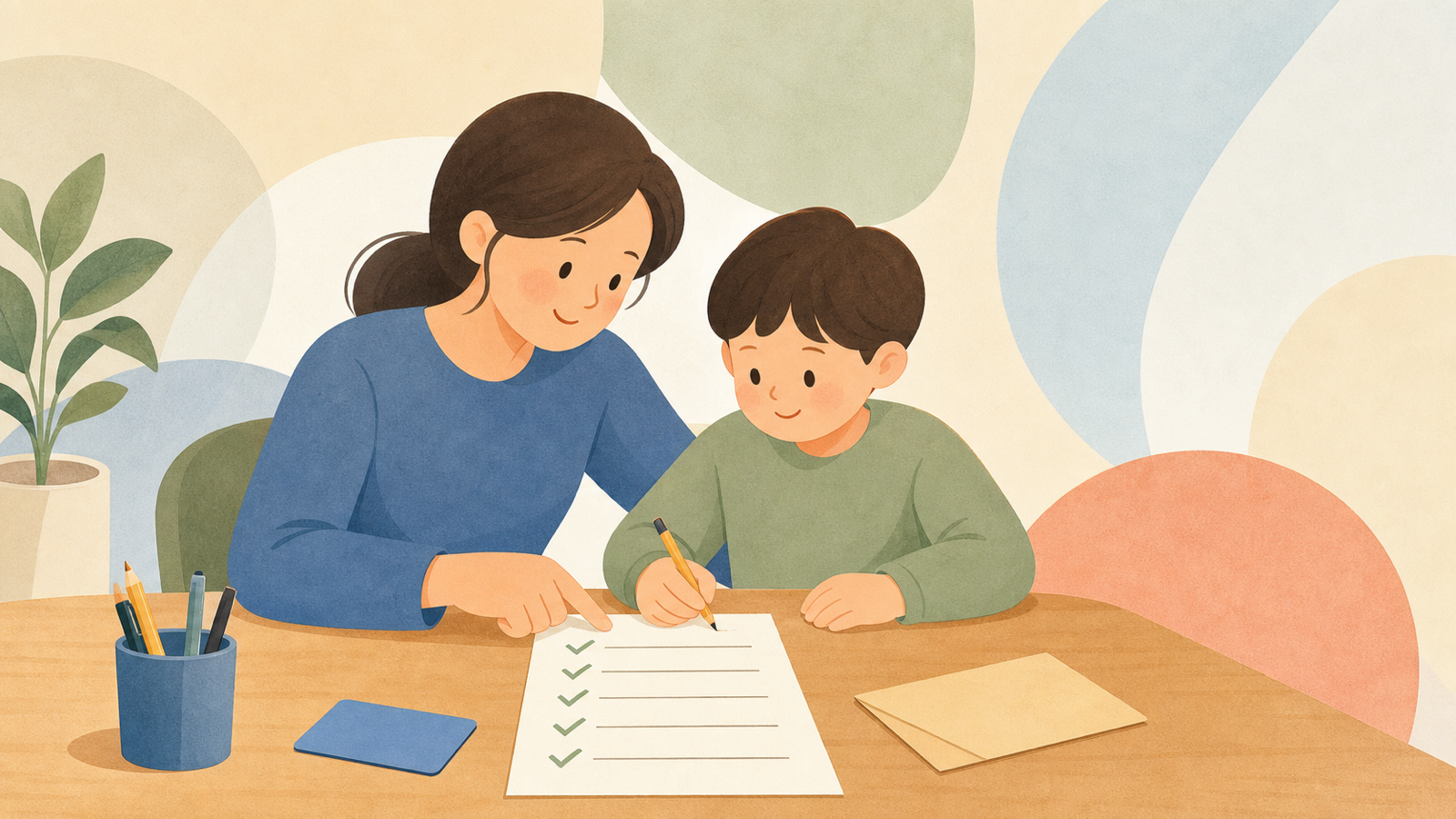 한부모가족 아동양육비 신청 체크리스트를 준비하는 보호자와 아이 일러스트
