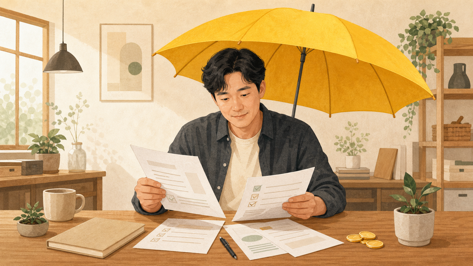 노란우산공제 가입 전 서류와 안전망을 점검하는 소상공인 일러스트