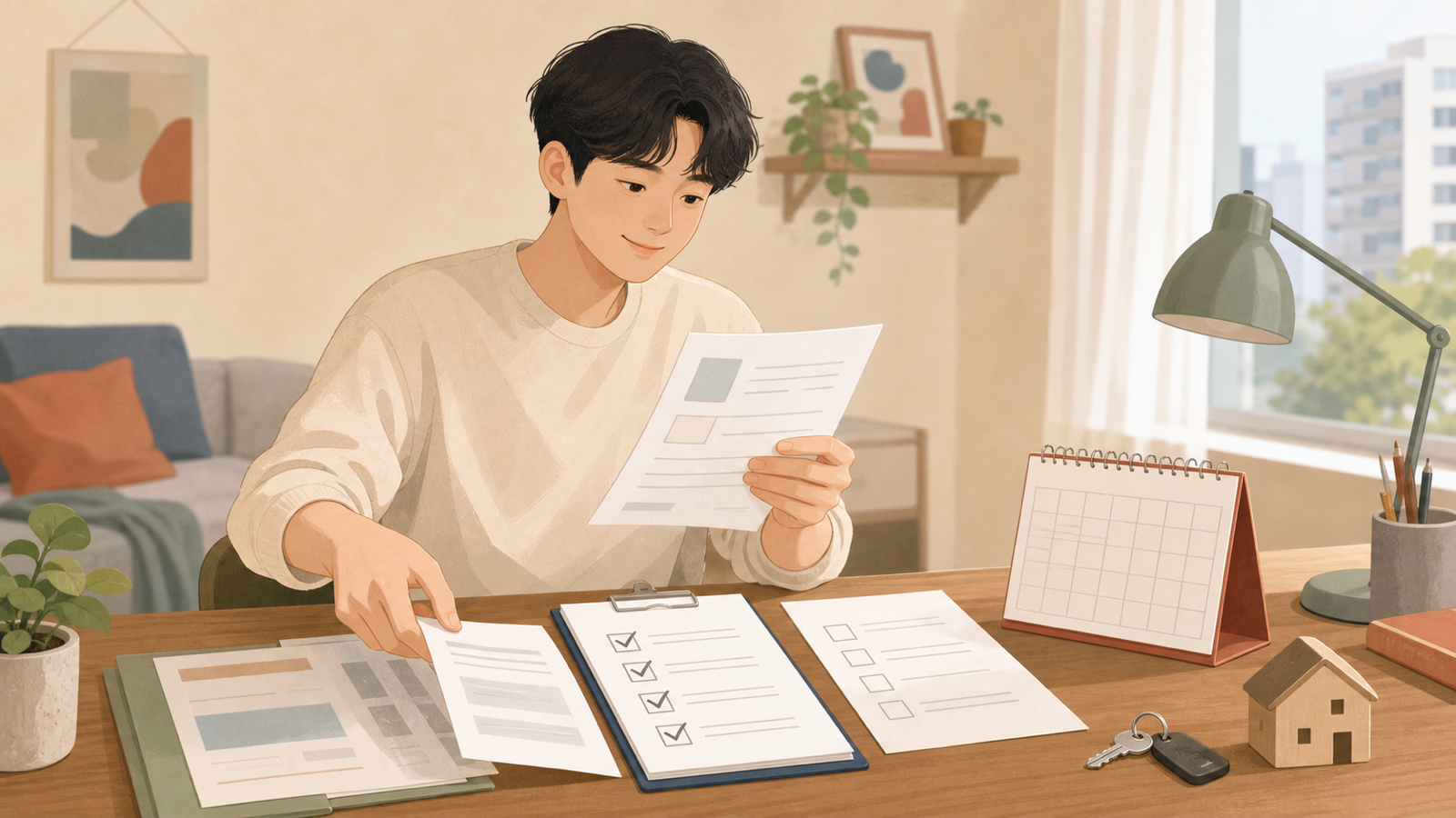 청년월세 지원 신청 서류와 월세 납부 자료를 확인하는 일러스트